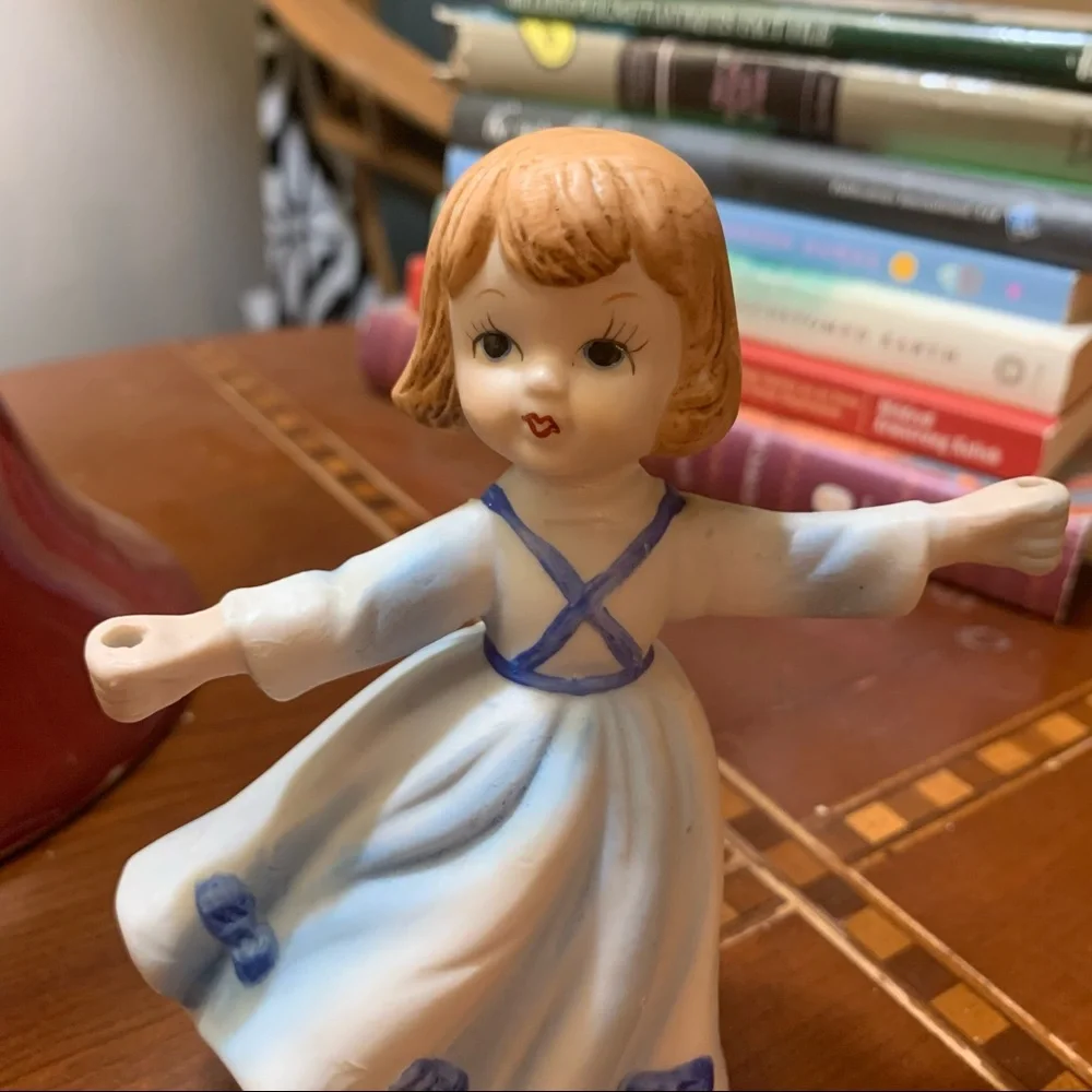 Vintage Blue Birthday Girl Candleholder Figurine Cake Topper Decoration Gift